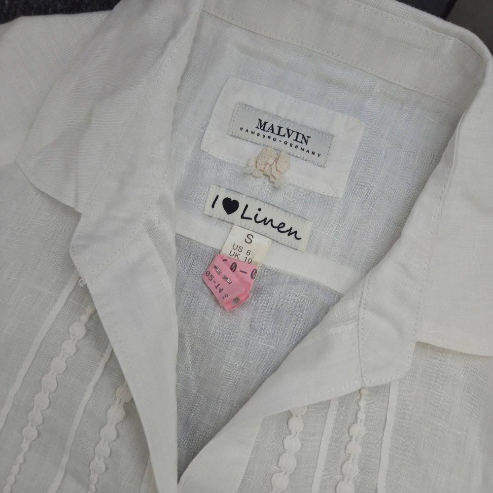 Malvin White Linen Shirt Womens Small Long Sleeve Pintuck Coastal Quiet Luxury